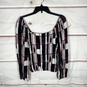 THE ODELLS Geometric Blouse Womens S Multi Pattern Square Neck Long Sleeve Top
